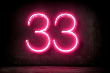 Neon Pink Sign of Number Thirty-Three on Dark Wall Background