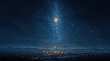 A breathtaking night sky. The Star of Bethlehem in breathtaking night sky. a silhouette of a modern cityscape below, the star's guidance in the contemporary world.