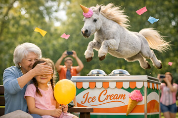 A magical moment: Grandmother surprises granddaughter with a jumping unicorn pony over a colorful ice cream cart in the park.