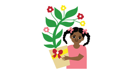 Young girl happily holding a potted plant with a bow