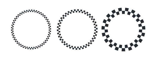 Round checkered frames with black and white racing pattern. Circular borders featuring classic checkerboard design for motorsport graphics and vintage decoration projects.
