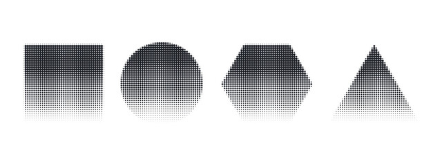 Abstract geometric set featuring stipple textures, grainy circle, square, and triangle with gradations, perfect for modern graphic projects and visual compositions.