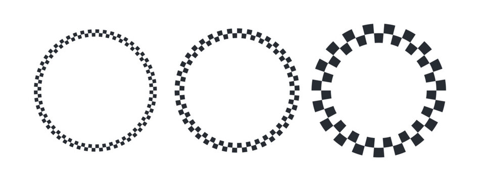Round checkered frames with black and white racing pattern. Circular borders featuring classic checkerboard design for motorsport graphics and vintage decoration projects.