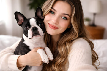 Smiling young woman embracing her adorable Boston Terrier dog indoors, highlighting the strong bond and pet companionship.