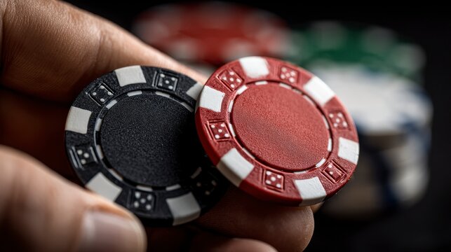 Close-up showcases a pair of poker chips, one black and the other red, held between fingers, with a blurred stack behind