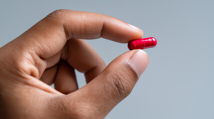 Fingers holding a red capsule pill symbolizing medicine, treatment, and healthcare.
