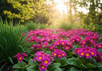 Obraz premium Vibrant pink flowers with yellow centers in a lush green garden during sunny day with blurred trees in background