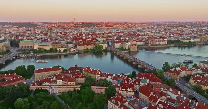 Aerial view of Panorama of the Old Town of Prague with famous landmarks and bridges. Czech Republic