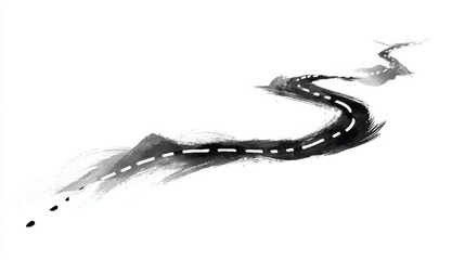 Black & white stylized illustration of a winding road with dashed lines on a bright white background. Depiction evokes travel