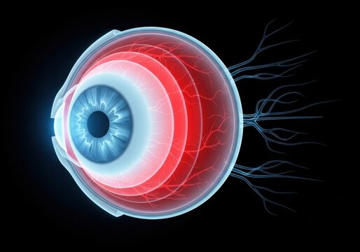 Detailed anatomy of a human eye with layers and nerves on black background