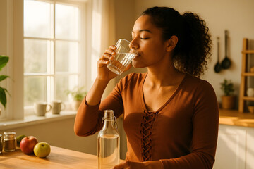 Young woman enjoying a refreshing glass of water in a sunlit kitchen, promoting hydration, health, and wellness lifestyle.