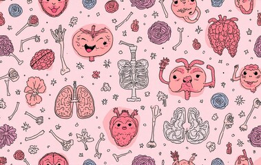 Cartoonish anatomical illustrations on pink background, featuring smiling organs, bones, and flowers, creating a whimsical and educational atmosphere.