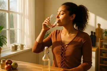 Tranquil young woman drinking water from a glass, enjoying healthy hydration in warm morning sunlight streaming through the kitchen window.