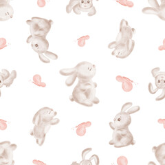 Cute bunnies and butterflies watercolor seamless pattern for kids design. Funny rabbits illustration for baby themes. Hand-drawn ornament of little animals easter hares for textile, wallpaper, card.