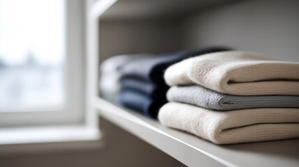 Neatly folded sweaters stacked by a window creating a calm minimalist interior scene.
