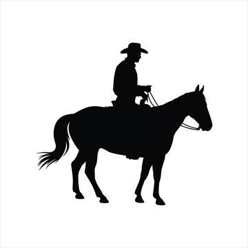 Western cowboy standing on horse silhouette, American outlaw rider vector illustration.