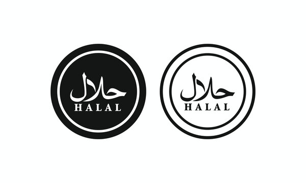 Halal food logo vector set with Arabic script and circular double line border for labels and restaurant signs