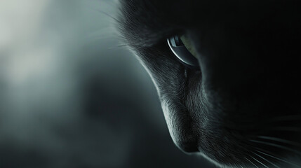 Dramatic Close-up of Black Cat Eye with Mystery Shadow and Soft Bokeh Background
