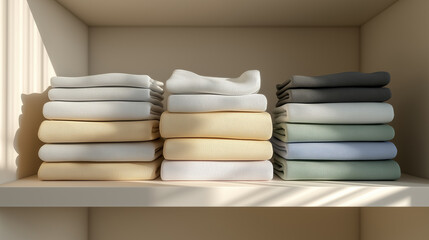 Neatly folded sweaters stacked by a window creating a calm minimalist interior scene.
