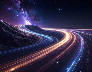 A winding highway of light under a swirling galaxy
