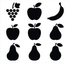 Collection of Minimalist Fruit Silhouette Icons - Apple, Banana, Grapes, Pear
