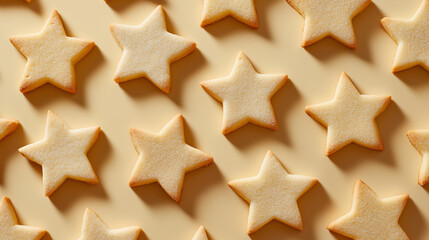 Obraz premium Baked star-shaped cookies arranged in a repeating pattern on a neutral background. 