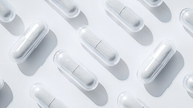 White capsule pills arranged in neat pattern on white background. Minimalist medical and pharmacy concept. Top view of antibiotic or vitamin supplement. 3D render illustration.