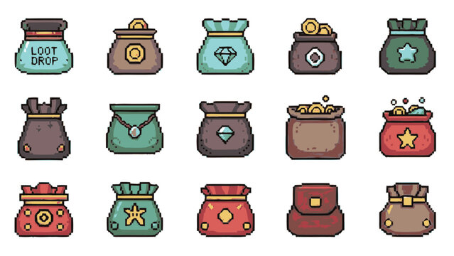 Collection of pixel art loot bags and treasure sacks filled with coins and gems.