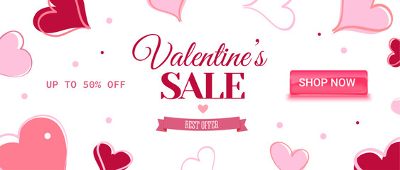 Horizontal Valentines Day sale banner with elegant typography, romantic design elements and a prominent Shop Now button. Modern promotional layout for seasonal discounts, online stores, holiday market