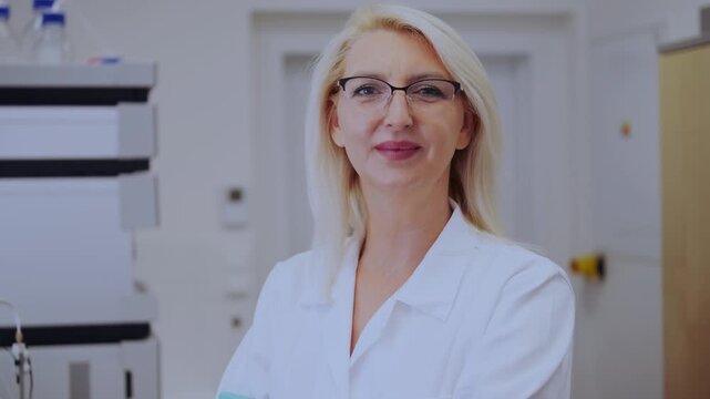 Portrait of a senior research scientist in front of HPLC chromatograph in chemical laboratory .