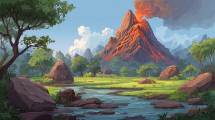 A vibrant illustration shows an erupting volcano with flowing lava, lush greenery, a calm river, and scattered rocks under a bright blue sky