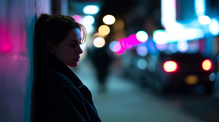 Fototapeta premium Silhouette of a woman walking alone through a neon-lit city street at night creating a moody urban scene. 