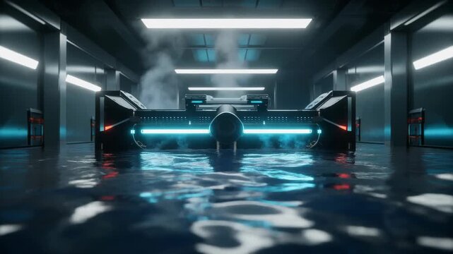 Futuristic Futuristic Sci-Fi Vehicle in a Sleek, Water-Reflective Hallway