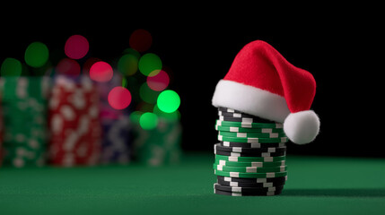 Stack of poker chips wearing a Santa hat on a dark background symbolizing holiday gambling and luck.
