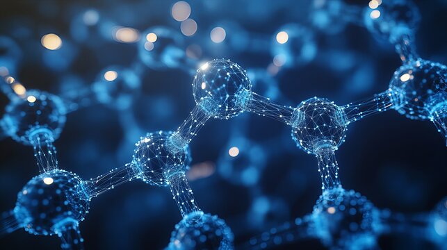 Abstract glowing blue molecular mesh and sphere structure background, 3D scientific illustration for biochemistry research, crystal lattice model, nanotechnology and future medical innovation.