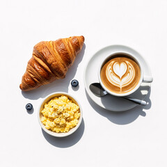 Delicious Breakfast with Croissant, Scrambled Eggs, and Coffee