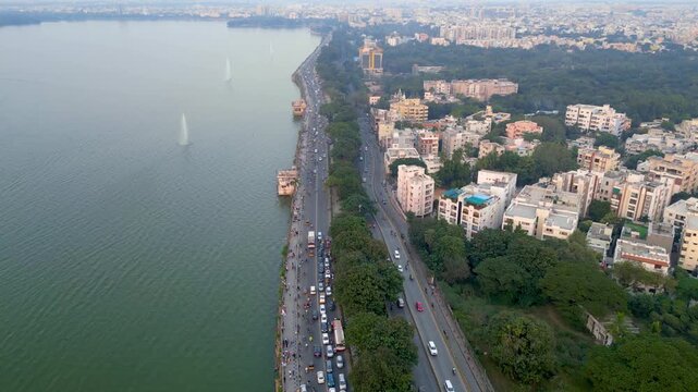 Aerial view of Hyderabad city , Showing upper and lower Tank bund roads by the Hussain sagar lake.