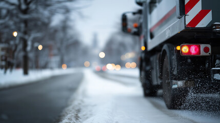 Truck driving through a snowy city street during winter road maintenance operations.
