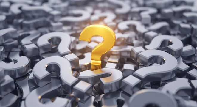 Image of many metallic question mark symbols, one of them gold. The concept is problem solving, or being unique and outstanding, or idea generation