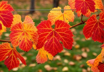 Vibrant red and yellow grapevine leaves on a blurred green background with fallen leaves