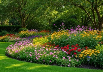 Beautiful garden flower bed with vibrant colorful blooms and lush greenery in a sunny outdoor setting with trees