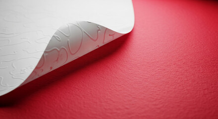 Close-up of white paper with embossed design peeling back from red textured surface, creating contrast and revealing hidden layer, concept of unveiling.