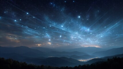 A scenic night view with a starry sky over a mountain range, interconnected by luminous blue lines, highlighting the vastness