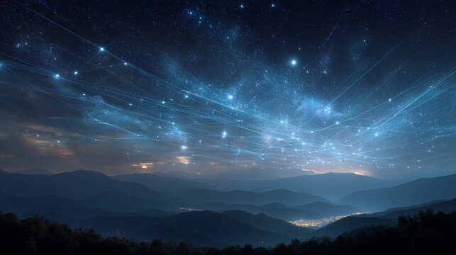 A scenic night view with a starry sky over a mountain range, interconnected by luminous blue lines, highlighting the vastness - Powered by Adobe