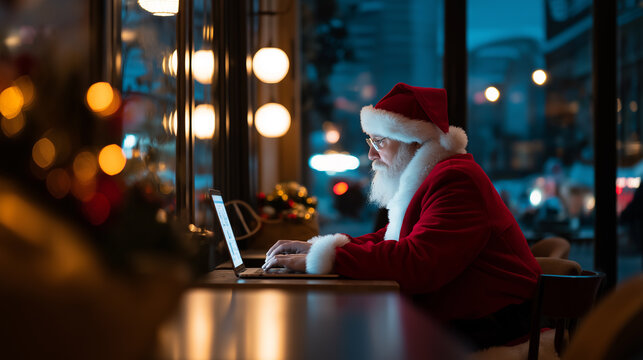 Santa Claus using a laptop at night symbolizing modern digital Christmas work and communication.
 - Powered by Adobe