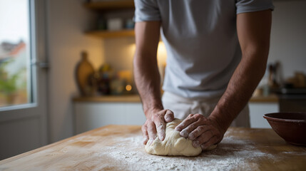 Man kneading fresh dough on a kitchen table during home baking preparation.
