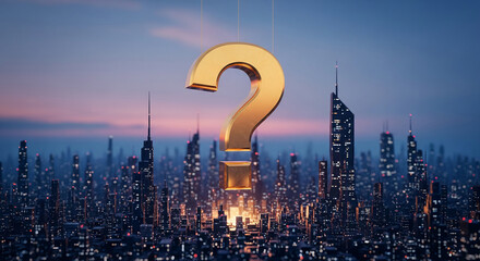 Golden question mark hangs above a city skyline at dusk, representing mystery, business challenges, and future planning in an urban environment