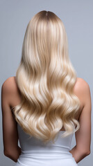 Naklejka premium Long blonde wavy hair styled smoothly from the back in a studio beauty portrait. 