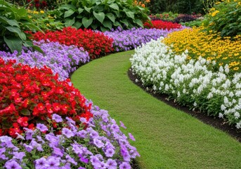 Beautiful garden with colorful flowers and green grass pathway in a wellmanicured outdoor space