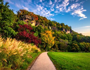 A winding path leads through a park toward colorful autumn trees